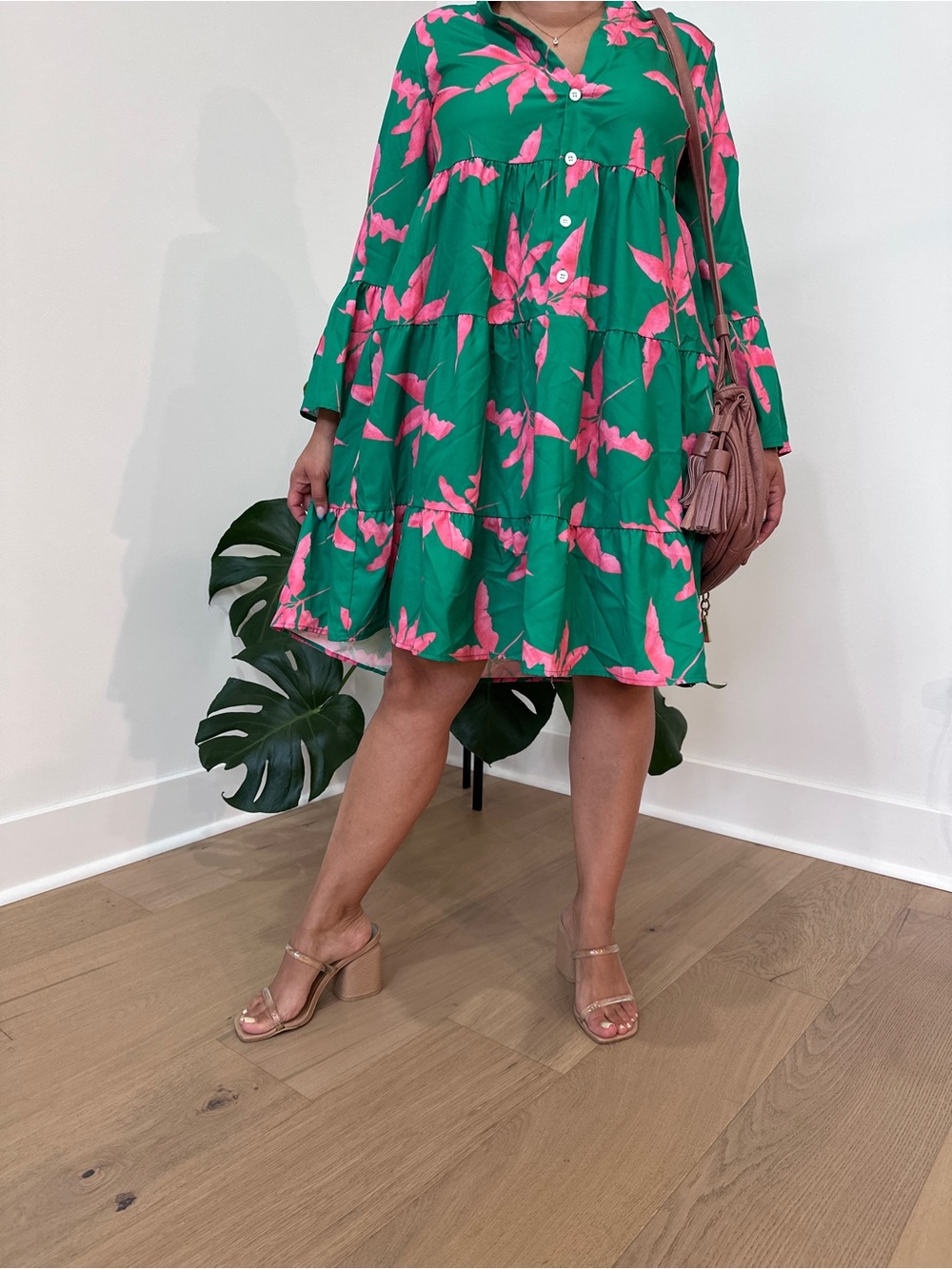 Green Mini Dress with Pink Floral Print - Button-Front Tiered Dress